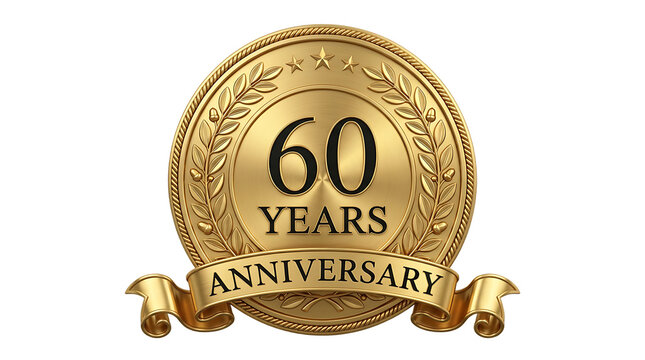 Golden 60 years anniversary badge with laurel wreath and ribbon isolated on transparent background