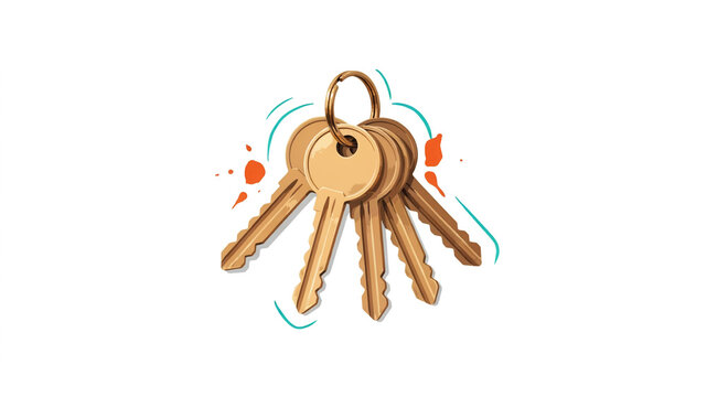 Bunch of metallic bronze keys on a circular ring with teal brush strokes and orange splashes on a white background