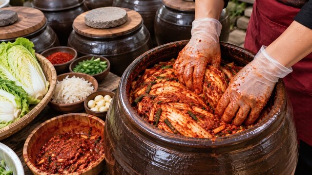 Hands wearing plastic gloves mixing spicy kimchi in a large traditional Korean earthenware jar