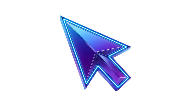 3d render of a glossy purple computer mouse cursor with a glowing neon blue outline isolated on transparent background