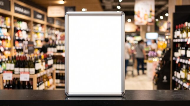 Blank white poster frame mockup on wooden counter counter in supermarket wine department