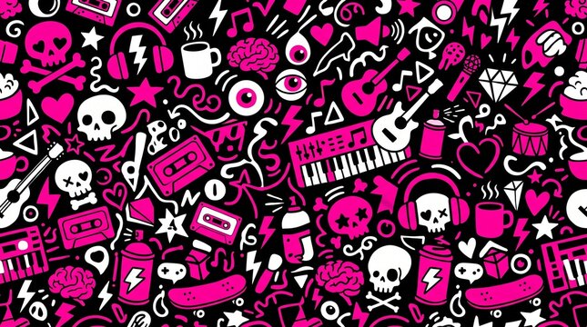 Vibrant pink and black music and symbols vector illustration