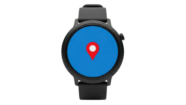Modern black smartwatch displaying a red map location pin icon on blue screen