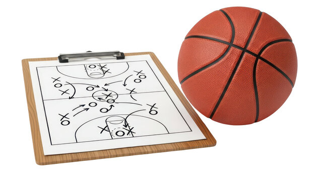 Basketball and clipboard with game tactics strategy drawn on the coaching board
