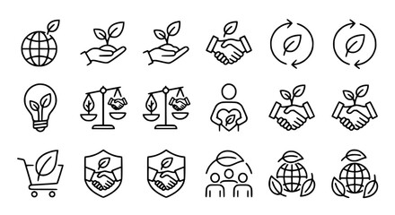 Fototapeta premium Eco friendly icons set, sustainability symbols, green energy, planet earth, recycling, hand shake