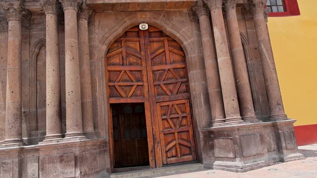 Cantera Stone Columns And Wooden Entrance Door San Juan Bautista Church Mexico