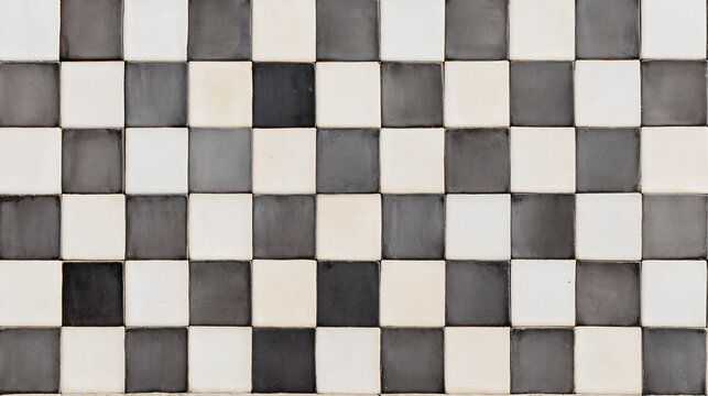Large seamless checkerboard pattern made from slightly imperfect handmade ceramic tiles, alternating warm white and muted charcoal squares,