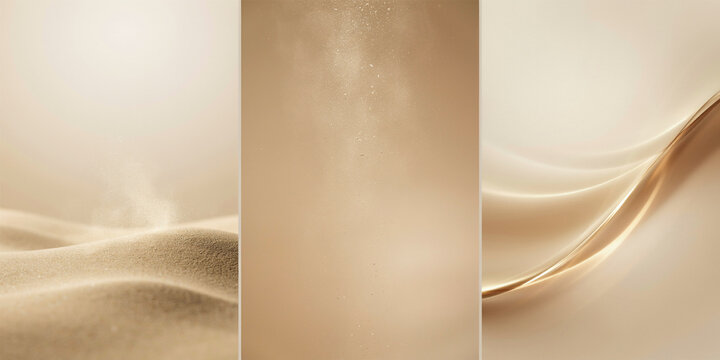Three panel abstract background, featuring soft beige, sand dunes, floating, dust particles, and flowing