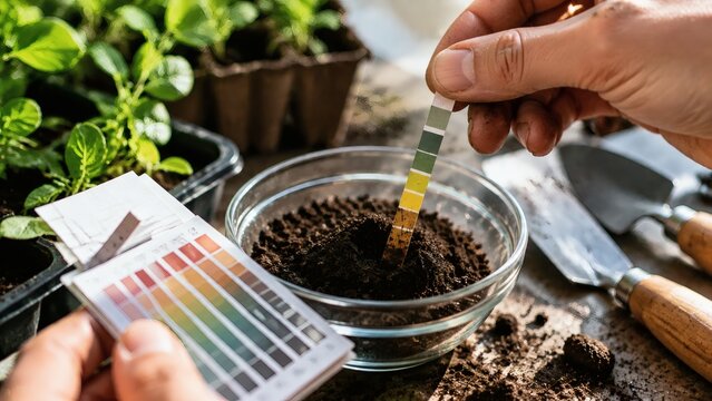 Gardening enthusiast testing soil pH with color strip in a bowl  