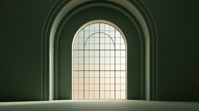 Minimalist symmetrical interior with multiple layered concentric arched frames around grid paned arched window on muted dark green wall elegant aesthetic architectural concept