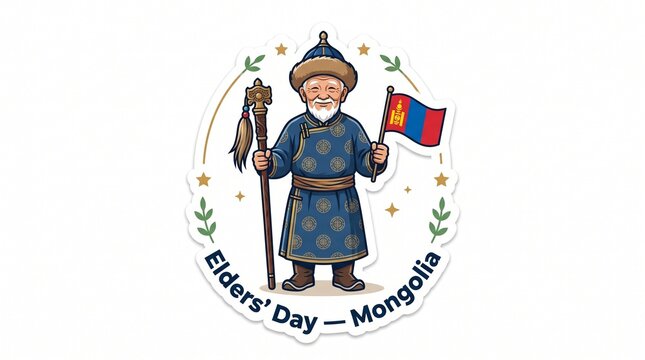 Elderly Mongolian man holding a staff and national flag on a circular sticker design for Elders' Day.