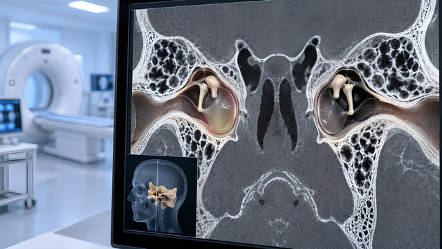 Otitis media radiology concept showing early middle ear inflammation and fluid on detailed temporal bone imaging for clinical diagnosis, medical education, patient information, and healthcare design