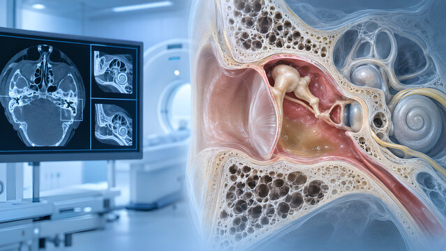 Otitis media radiology concept showing early middle ear inflammation and fluid on detailed temporal bone imaging for clinical diagnosis, medical education, patient information, and healthcare design