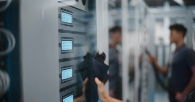 IT Technician Using Cloth to Wipe Server Cabinet Door Near Digital Status Screens, Colleague Vacuums. Physical Maintenance, Dust Removal Ensure Optimal Hardware Performance, Cloud Server Uptime.