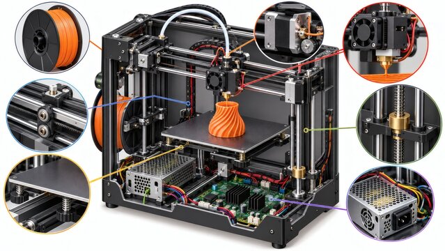 Detailed 3d illustration of a modern 3d printer with technical callouts on white background