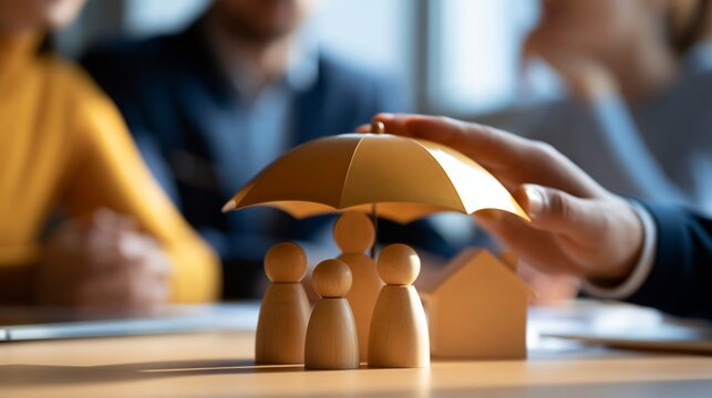 Agent's hand holding an umbrella over family figures and a house, representing insurance and protection