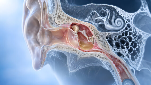 Otitis media radiology concept showing early middle ear inflammation and fluid on detailed temporal bone imaging for clinical diagnosis, medical education, patient information, and healthcare design
