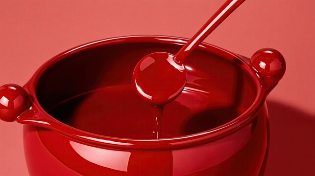 Glossy all red ceramic pot with matching ladle dripping thick red liquid on solid red background monochrome minimalist food and cooking creative concept