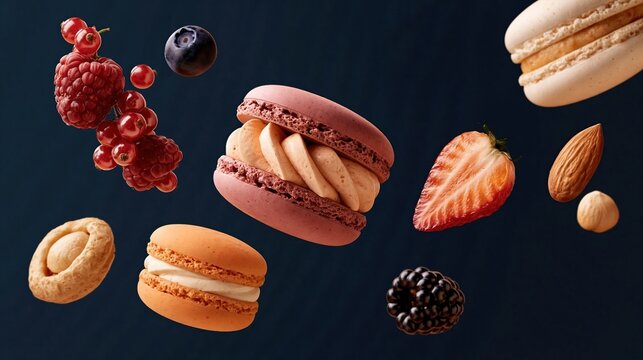 Floating delicious assorted macarons mixed with fresh summer berries and whole nuts on deep dark background sweet gourmet French dessert food concept