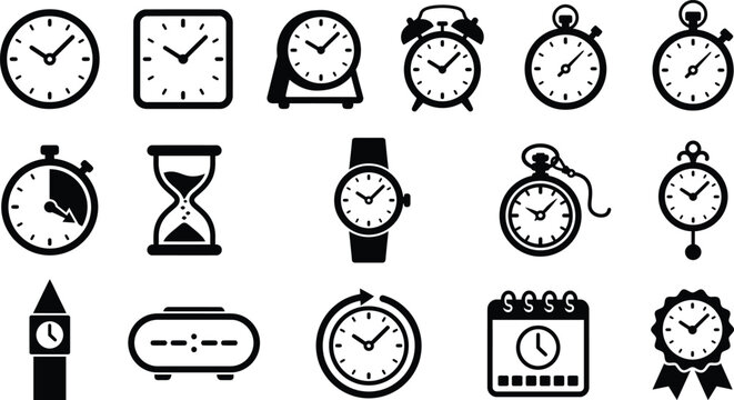 A diverse collection of timekeeping devices in a black and white vector illustration style