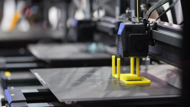 3D printer builds yellow object on metal surface. Machine moves precisely with cables and motors. Background shows blurred industrial equipment. Print head deposits material layer by layer