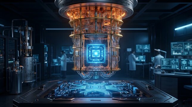Futuristic Quantum Computer with Glowing Processor in High Tech Science Laboratory