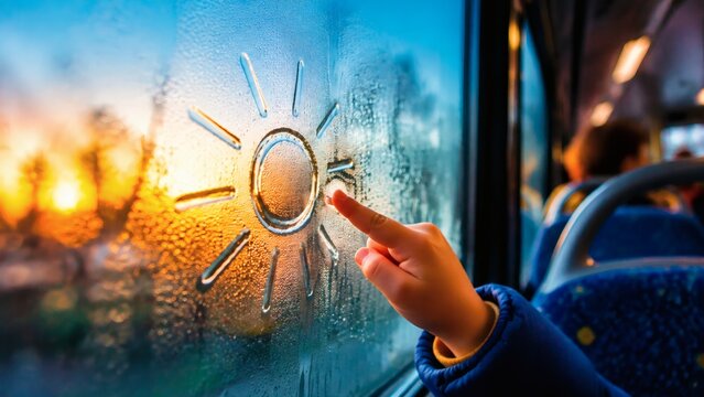 Child drawing a sun on a foggy bus window during sunset  