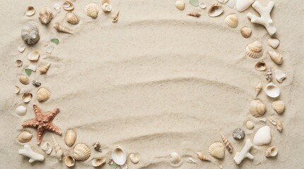 Obraz premium Seashells and starfish arranged on beach sand with central copy space for text
