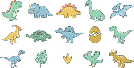 Cute Cartoon Dinosaur Icon Set Featuring T-Rex Triceratops Stegosaurus Brachiosaurus Pterodactyl and Hatching Egg Vector Illustration for Children Room Nursery Decor and Stickers © Borsha