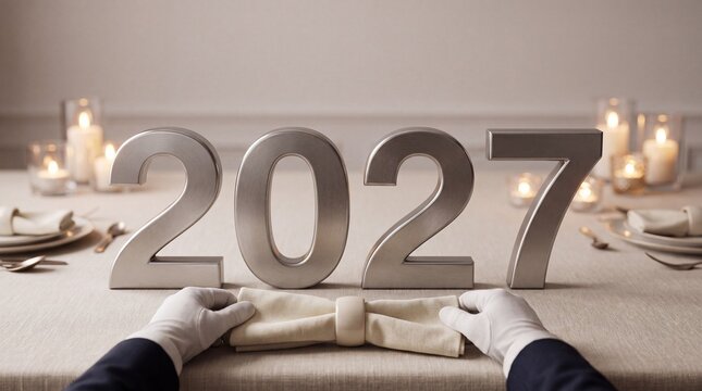Person in white gloves arranging a napkin on a table with silver 2027 year numbers