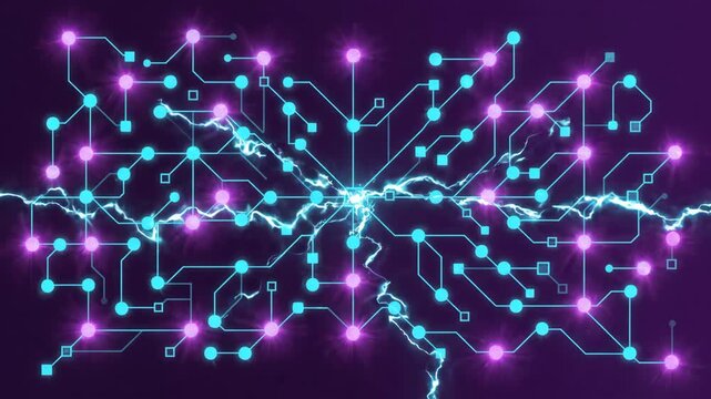 Blue electrical sparks and lightning bolts move across a glowing digital circuit board pattern on a dark purple background.