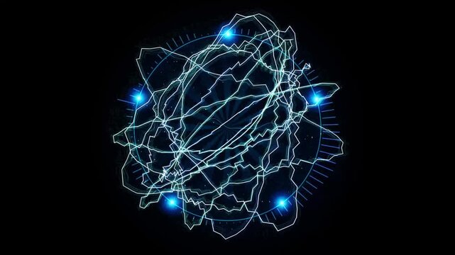 Abstract electric energy sphere with blue lightning bolts and sparks showing an composed of bolts arcs glowing