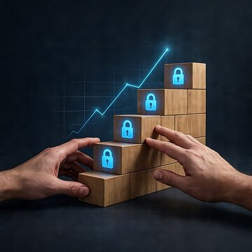 Hands Supporting Wooden Block Steps with Glowing Lock Icons for Secure Business Growth Concept