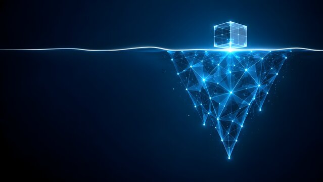 Abstract digital iceberg network with glowing data cube above surface and complex wireframe below