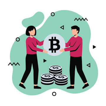 Two people exchanging bitcoin cryptocurrency coins illustration