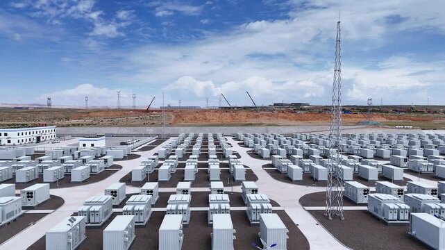 vast battery energy storage power station container array under blue sky