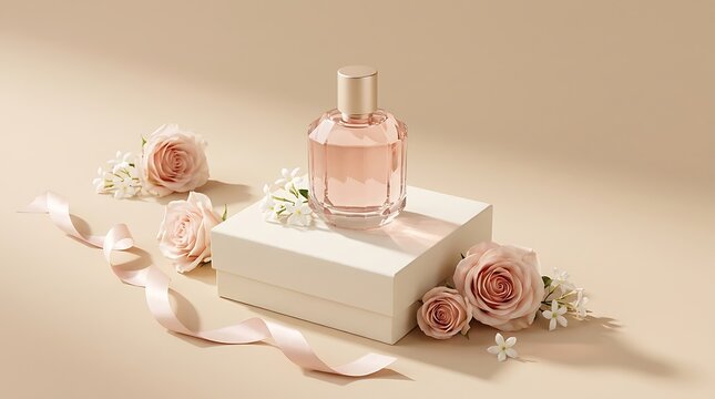 Elegant perfume bottle on a box with roses and ribbon