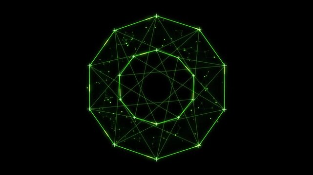 Abstract green geometric wireframe structure with glowing nodes an sphere composed of lines and connected vertex points in digital space