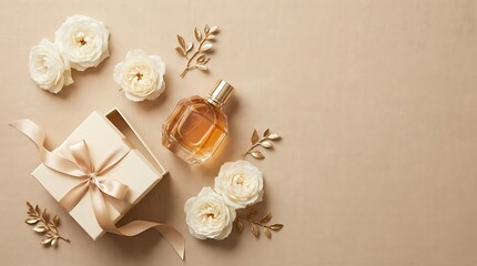 Obraz premium Perfume bottle with gift box and white roses