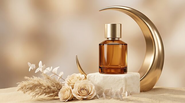 Luxury perfume bottle on stone pedestal with golden crescent moon