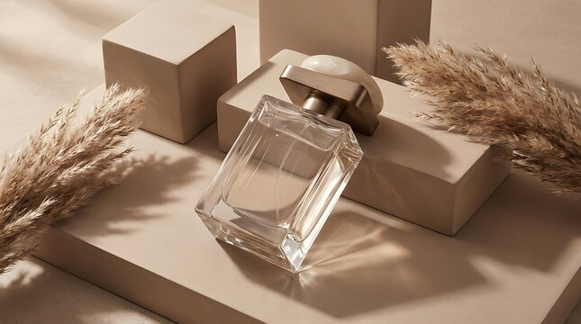 Elegant perfume bottle on beige geometric pedestals