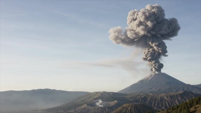 Massive volcanic eruption with smoke plume rising from crater.