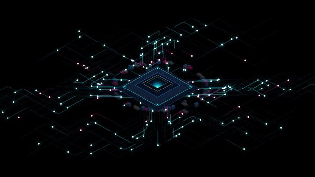 Isometric view of a digital microprocessor chip with blue and red data connections futuristic cpu visual showing multi colored light trails and nodes
