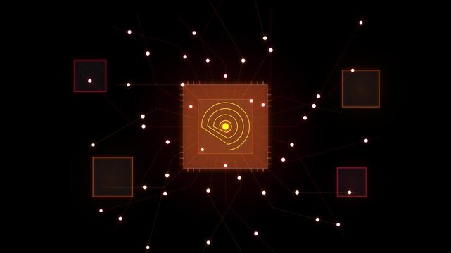 Digital computer processor chip with orange circular data scan electronic cpu component featuring a glowing radar like pattern representing