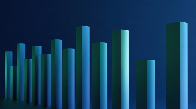 3d textured green blue bar graph chart standing against deep dark blue background abstract business financial growth statistic data visualization concept