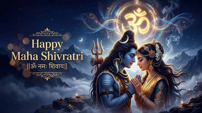 Lord Shiva and Goddess Parvati celebrating Maha Shivratri with sacred Om symbol and glowing lamps for Hindu festival greeting designs