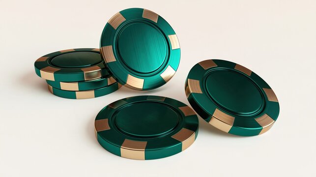 Luxury metallic green gold poker chips scattered on plain off white background premium casino gambling game accessory product display concept