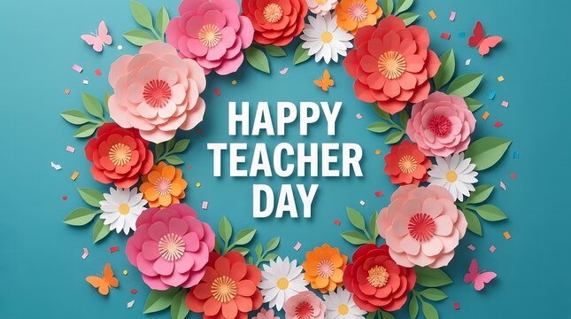 A beautiful floral wreath arrangement surrounding the text happy teachers day on a solid teal background perfect for celebrating school educators everywhere