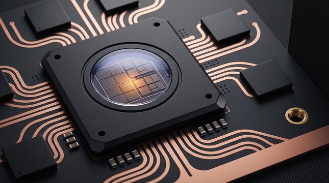 Microchip CPU semiconductor processor mounted on circuit board with copper trace pathways for hardware technology
