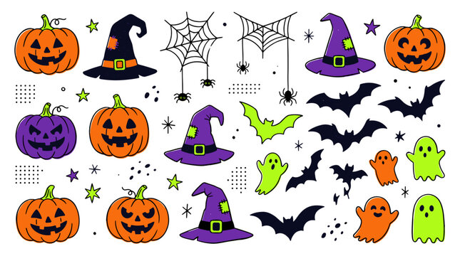 Halloween themed illustration featuring pumpkins witches bats ghosts and spiders